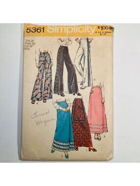 1970s Simplicity 5361 Sz 20 Bell Bottom Pants Boho Maxi Skirts Sewing Pattern CC